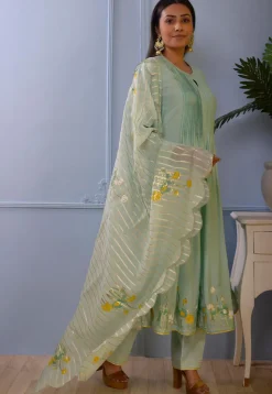 Printed Cotton Silk Aline Suit in Pastel Green