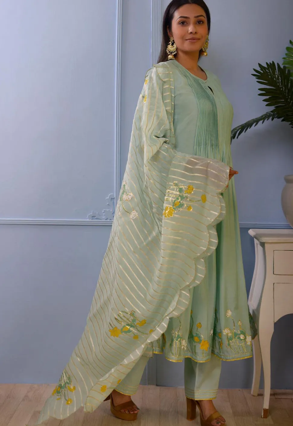 Printed Cotton Silk Aline Suit in Pastel Green