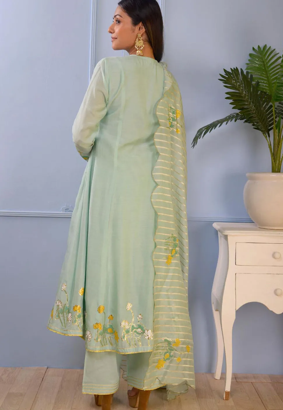 Printed Cotton Silk Aline Suit in Pastel Green