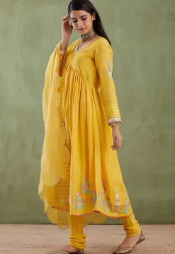 Printed Cotton Silk Aline Suit in Yellow