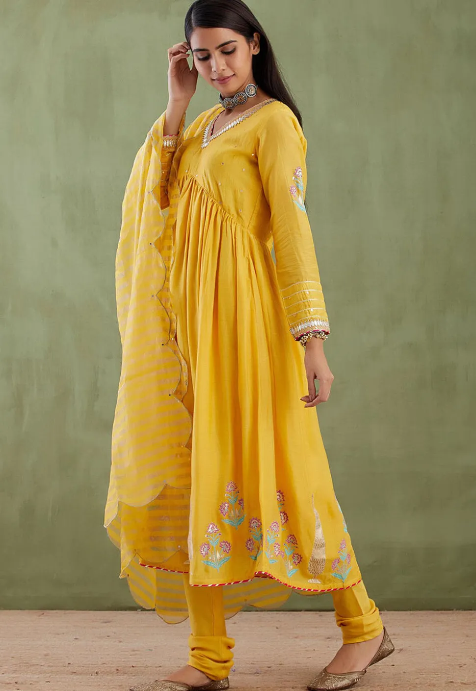 Printed Cotton Silk Aline Suit in Yellow