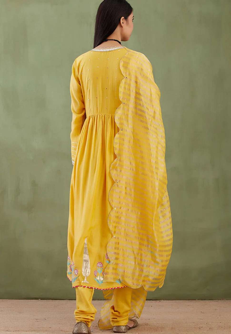 Printed Cotton Silk Aline Suit in Yellow
