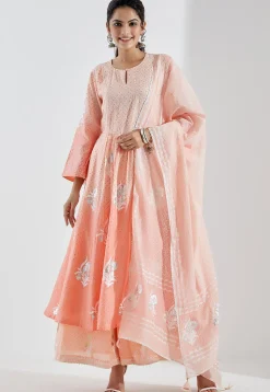 Printed Cotton Silk Aline Suit in Ombre Peach