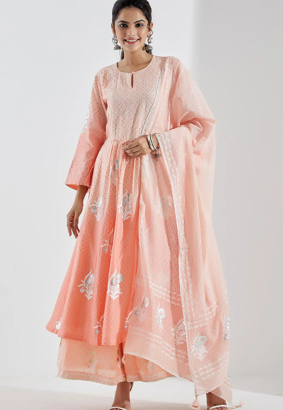 Printed Cotton Silk Aline Suit in Ombre Peach