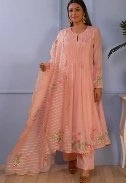 Printed Cotton Silk Aline Suit in Peach