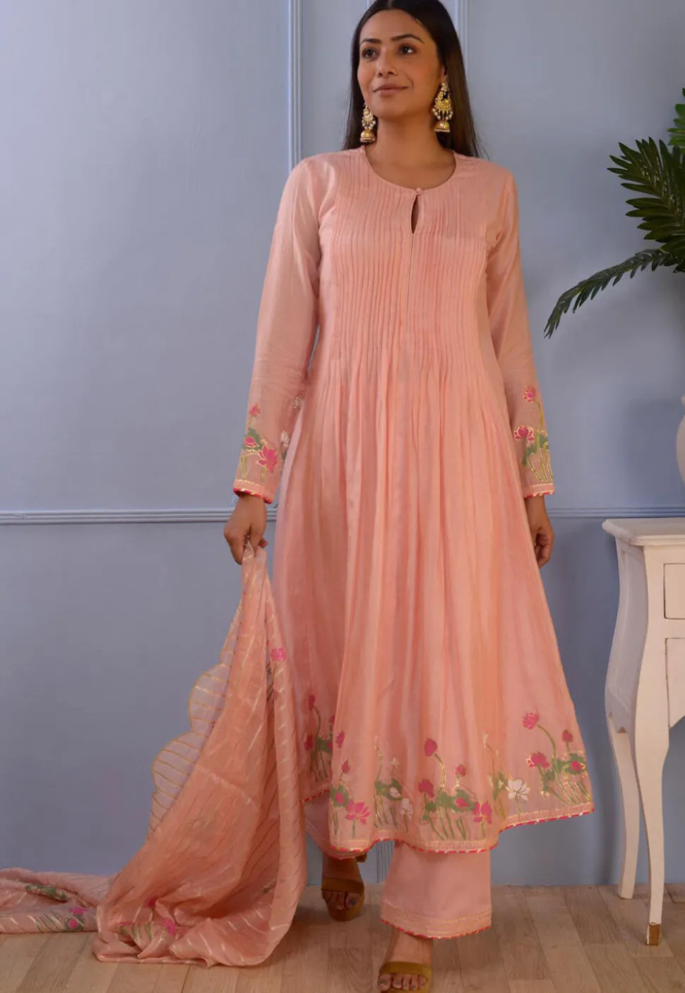 Printed Cotton Silk Aline Suit in Peach