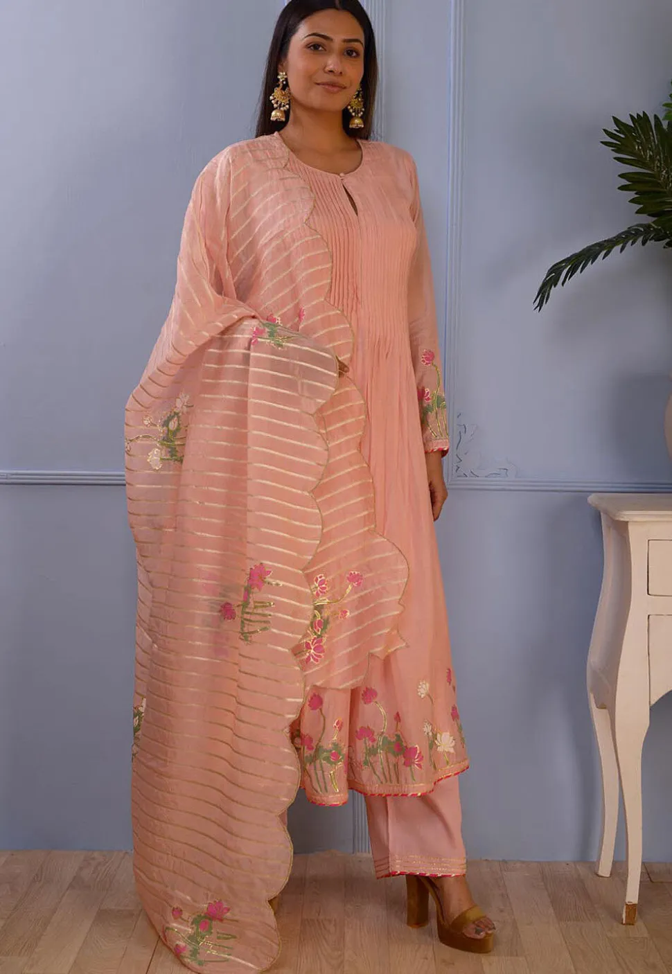 Printed Cotton Silk Aline Suit in Peach