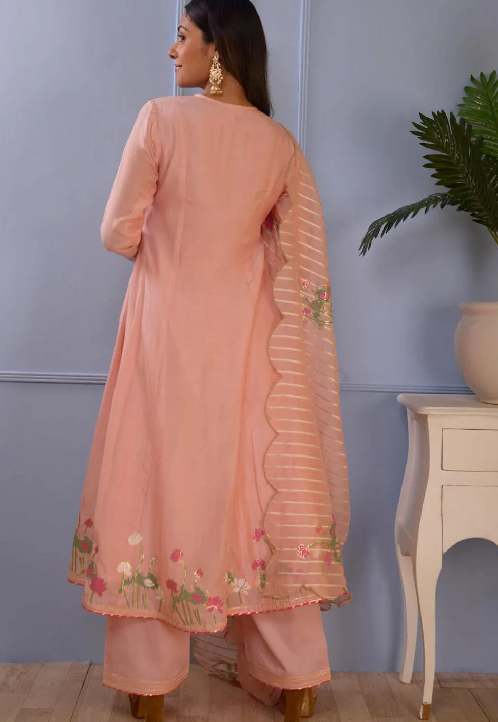 Printed Cotton Silk Aline Suit in Peach