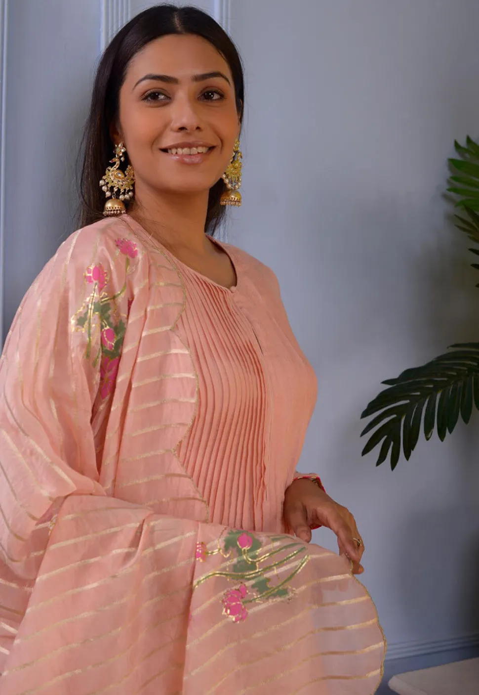 Printed Cotton Silk Aline Suit in Peach