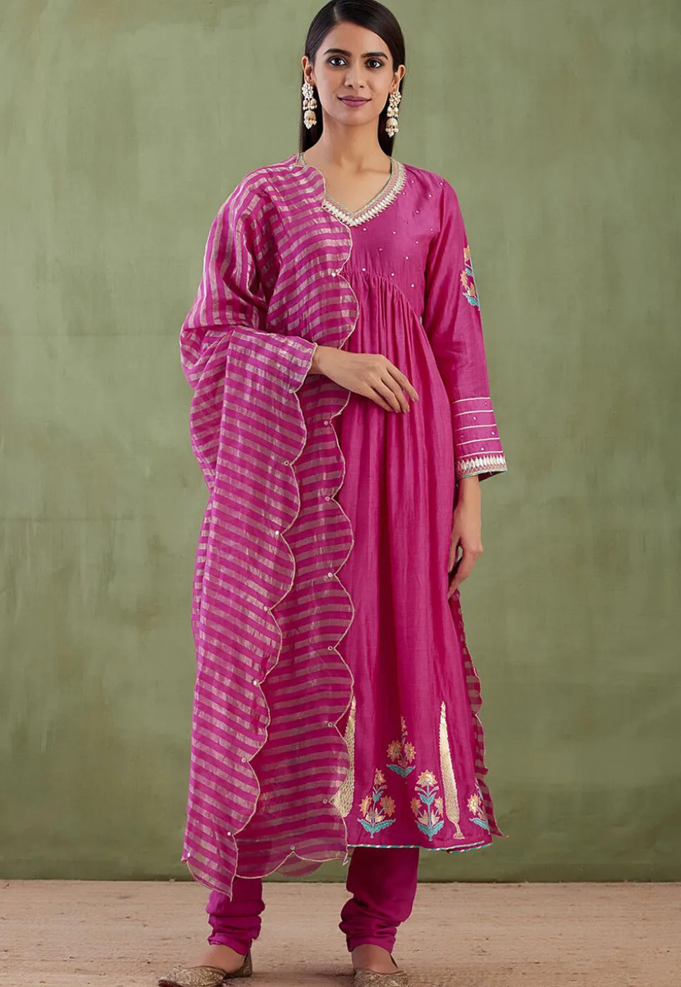 Printed Cotton Silk Aline Suit in Magenta