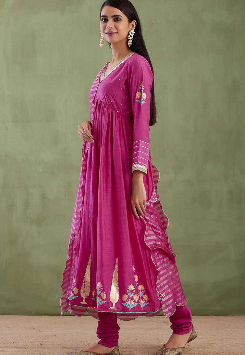 Printed Cotton Silk Aline Suit in Magenta