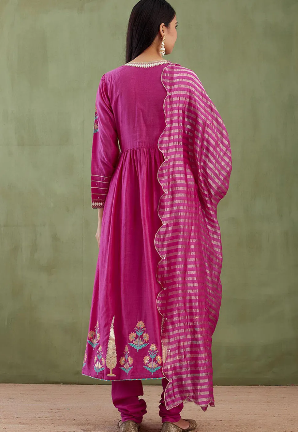 Printed Cotton Silk Aline Suit in Magenta