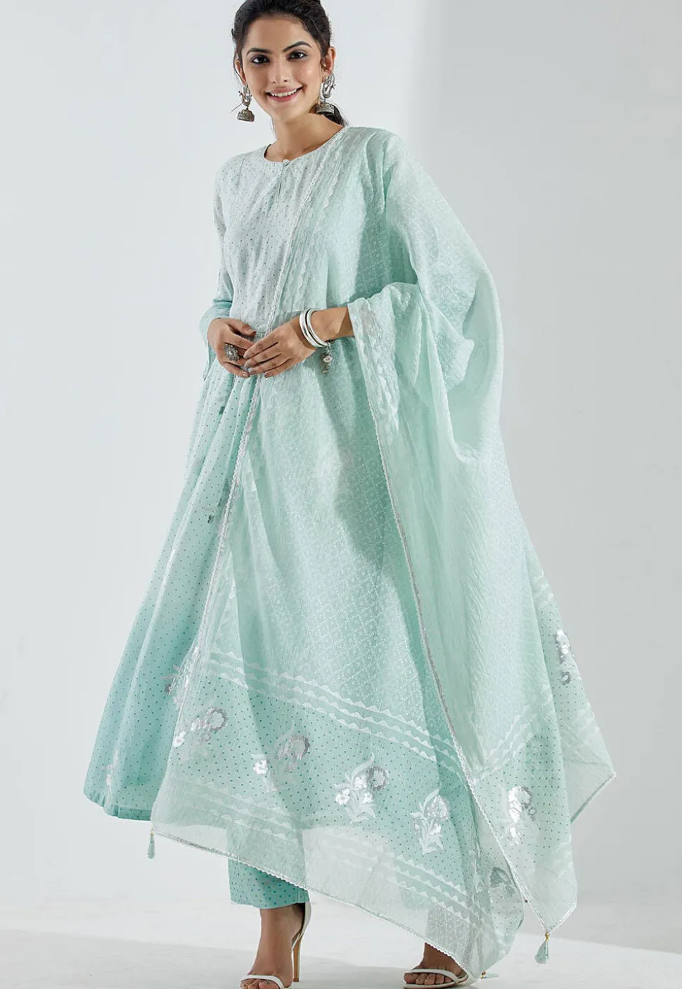 Printed Cotton Silk Aline Suit in Ombre Pastel Blue