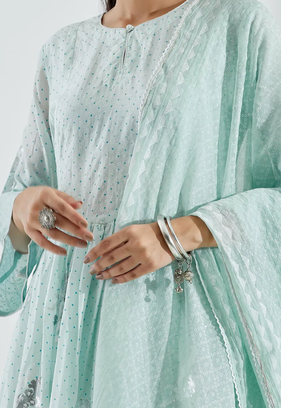 Printed Cotton Silk Aline Suit in Ombre Pastel Blue