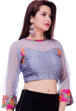 Printed Cotton Silk Blouse in Grey