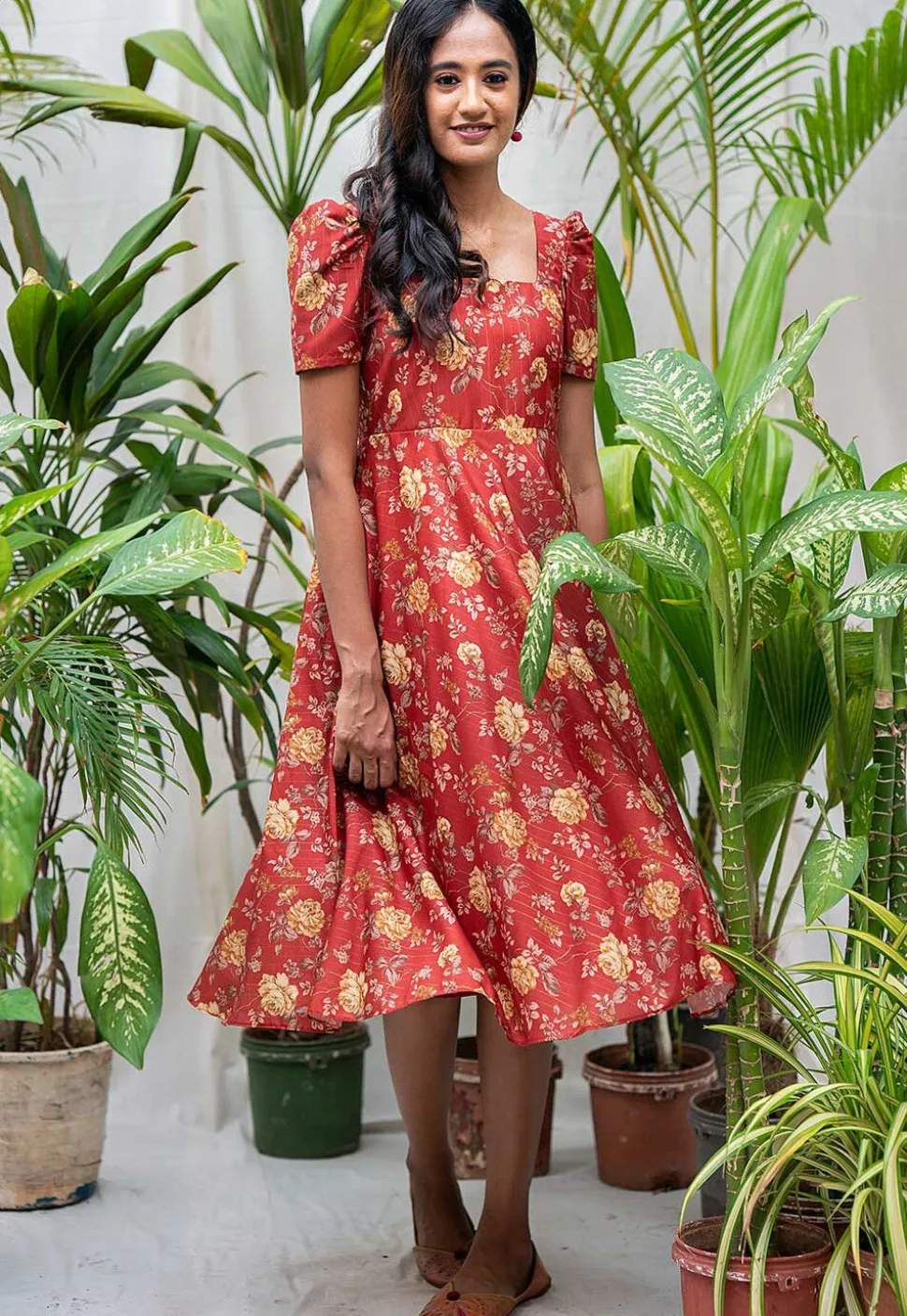 Printed Cotton Silk Dress in Dark Red