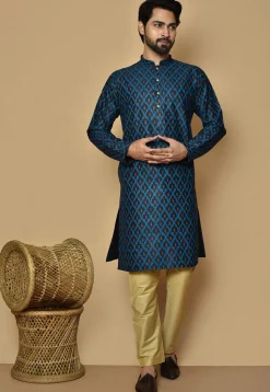 Printed Cotton Silk Kurta Set in Dark Navy Blue
