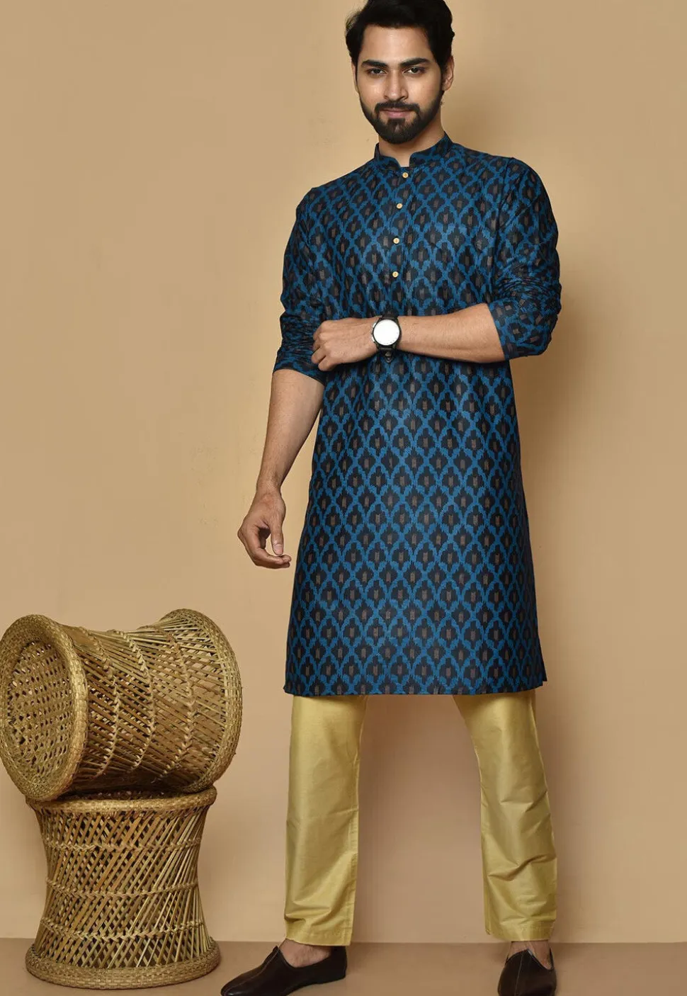 Printed Cotton Silk Kurta Set in Dark Navy Blue
