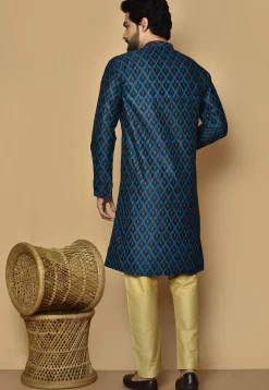 Printed Cotton Silk Kurta Set in Dark Navy Blue