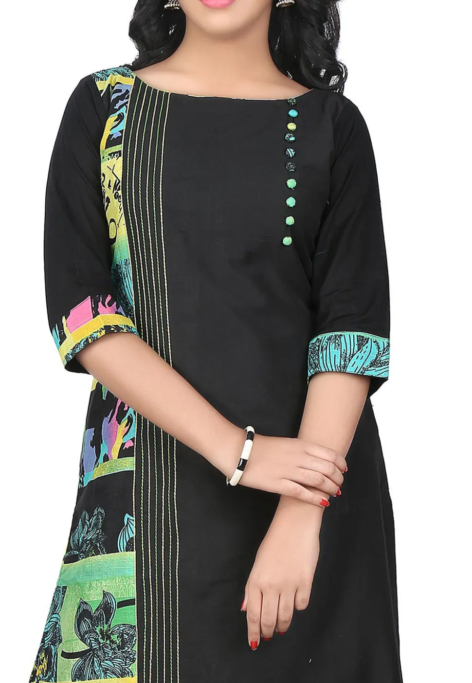 Printed Cotton Silk Long Kurta in Black