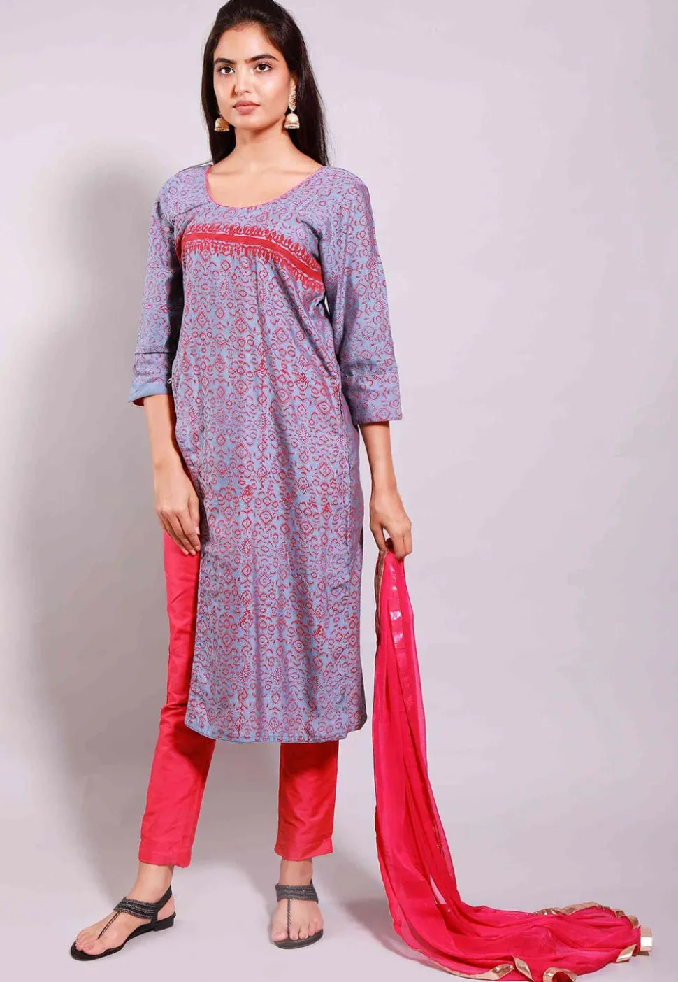 Printed Cotton Silk Pakistani Suit in Grey