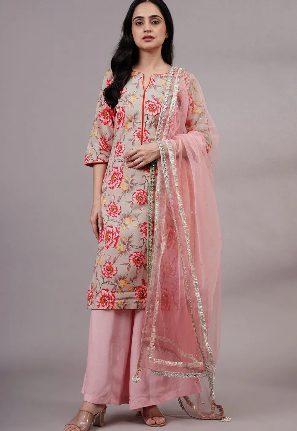 Printed Cotton Silk Pakistani Suit in Peach