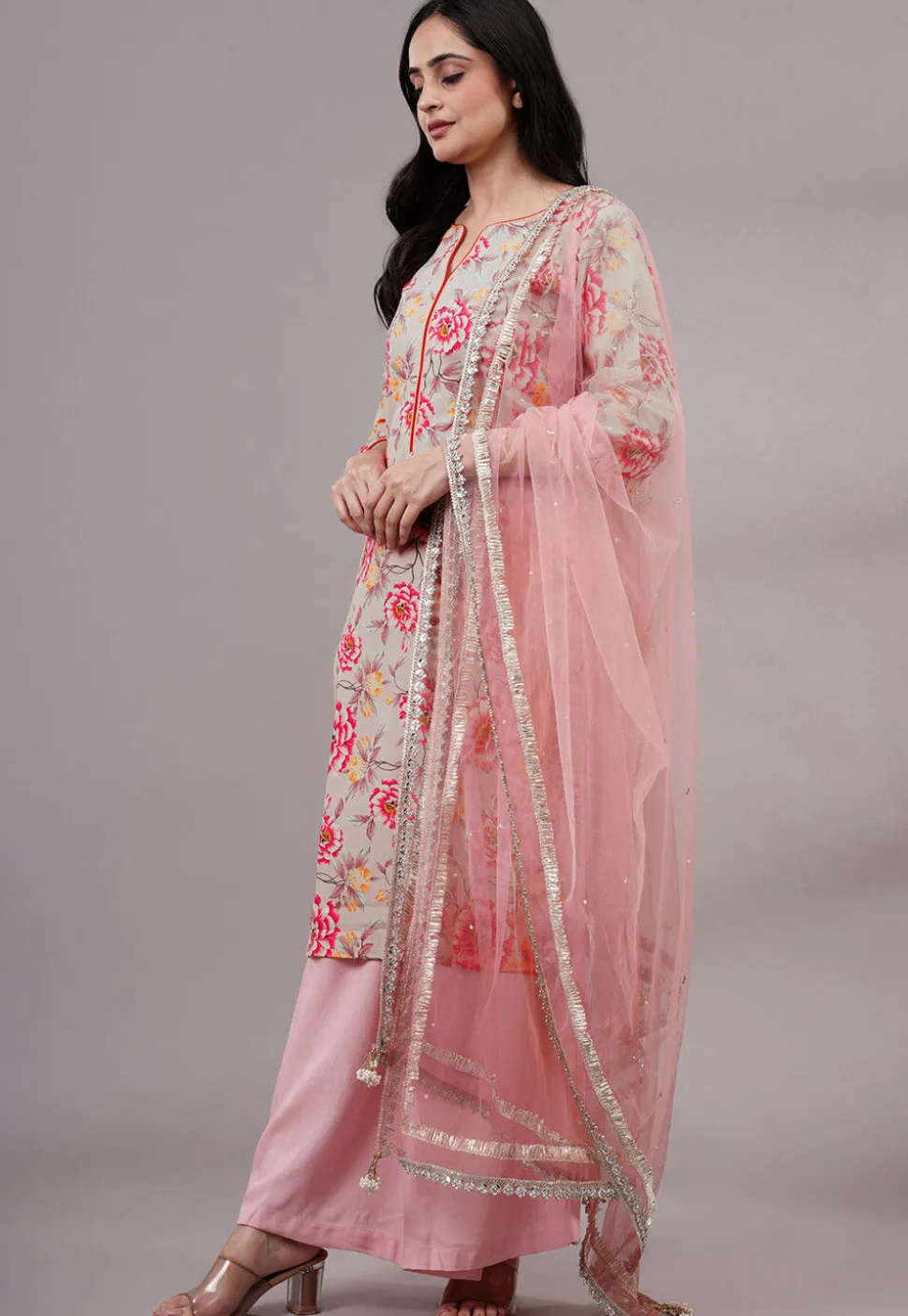 Printed Cotton Silk Pakistani Suit in Peach