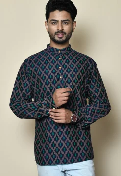 Printed Cotton Silk Short Kurta in Navy Blue