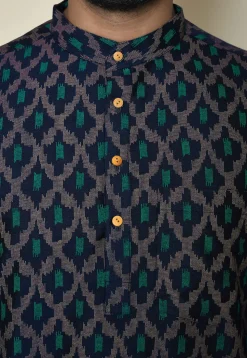Printed Cotton Silk Short Kurta in Navy Blue