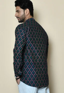 Printed Cotton Silk Short Kurta in Navy Blue