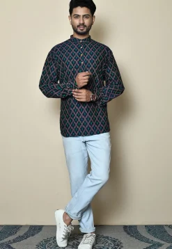 Printed Cotton Silk Short Kurta in Navy Blue