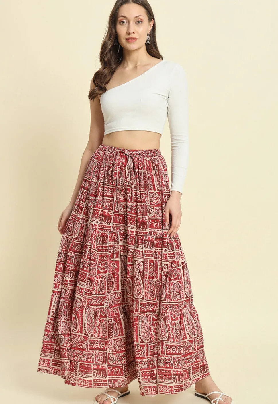Printed Cotton Skirt in Maroon