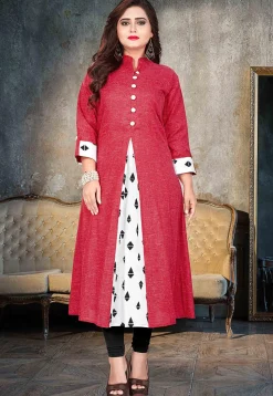 Printed Cotton Slub Kurta in Red and Off White