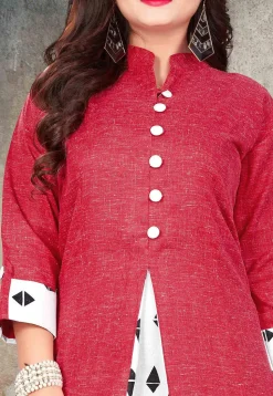 Printed Cotton Slub Kurta in Red and Off White