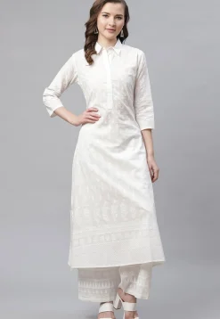 Printed Cotton Straight Kurta Set in White