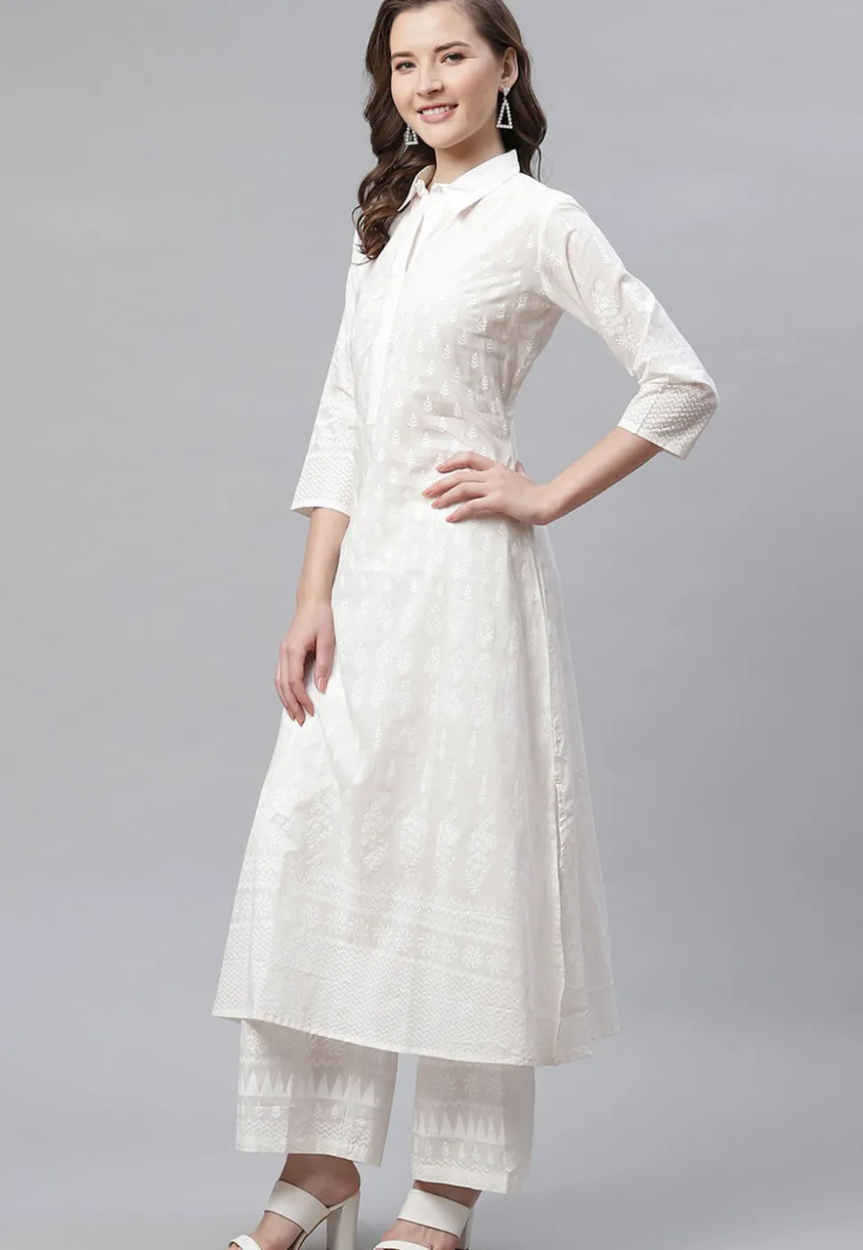 Printed Cotton Straight Kurta Set in White