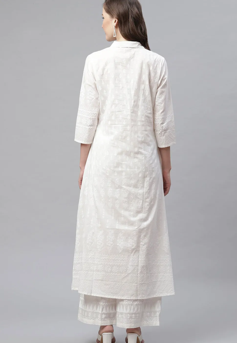 Printed Cotton Straight Kurta Set in White