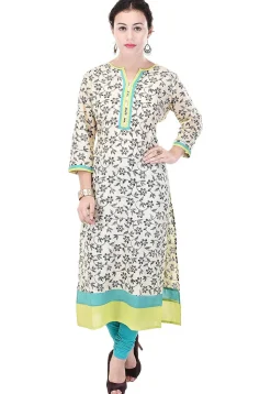 Printed Cotton Straight Kurta in Light Beige