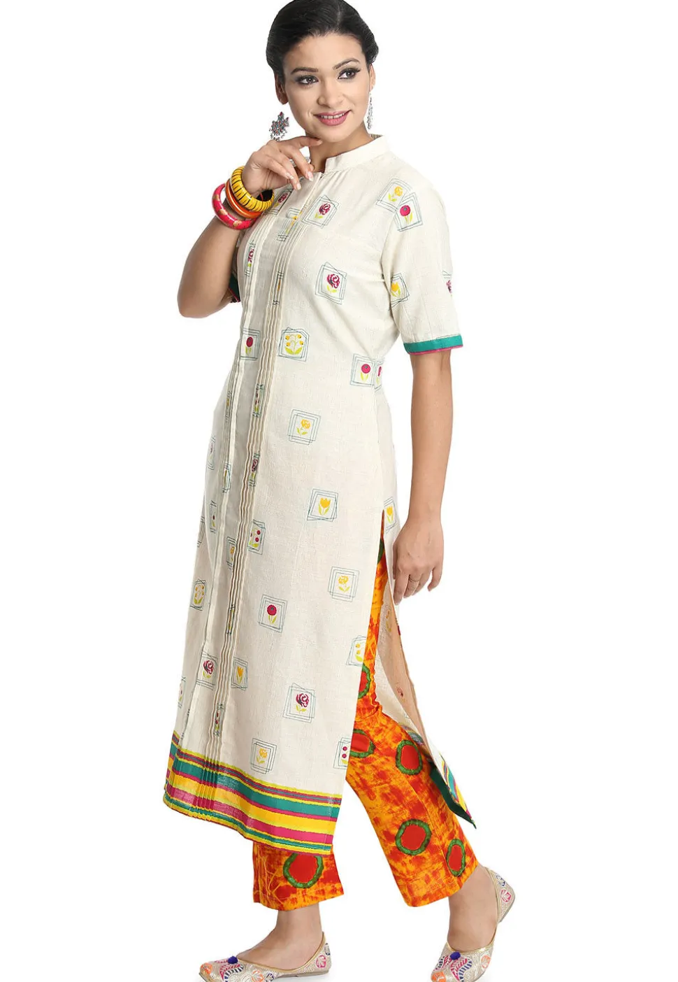 Printed Cotton Straight Kurta in White