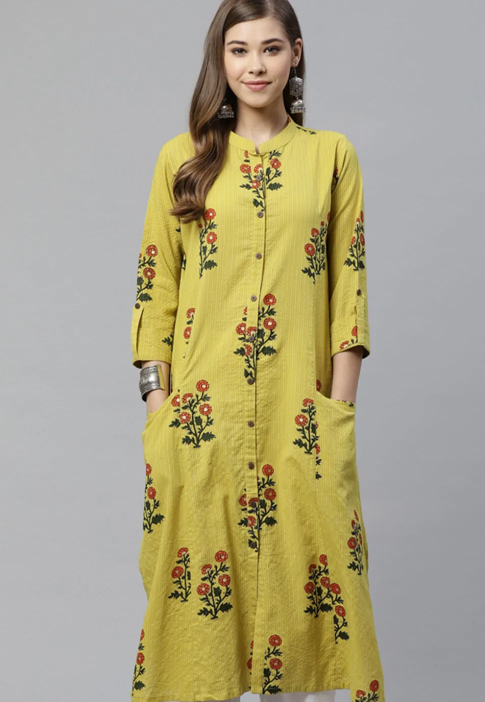 Printed Cotton Straight Kurta in Olive Green