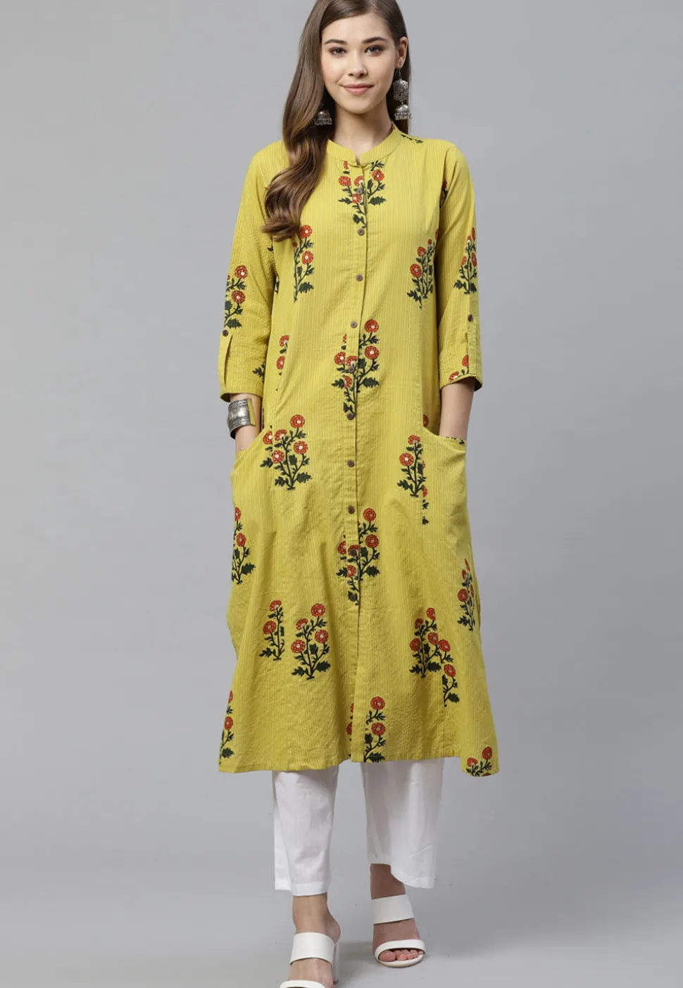 Printed Cotton Straight Kurta in Olive Green