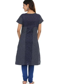 Printed Cotton Straight Kurta in Navy Blue
