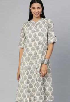 Printed Cotton Straight Kurta in Off White