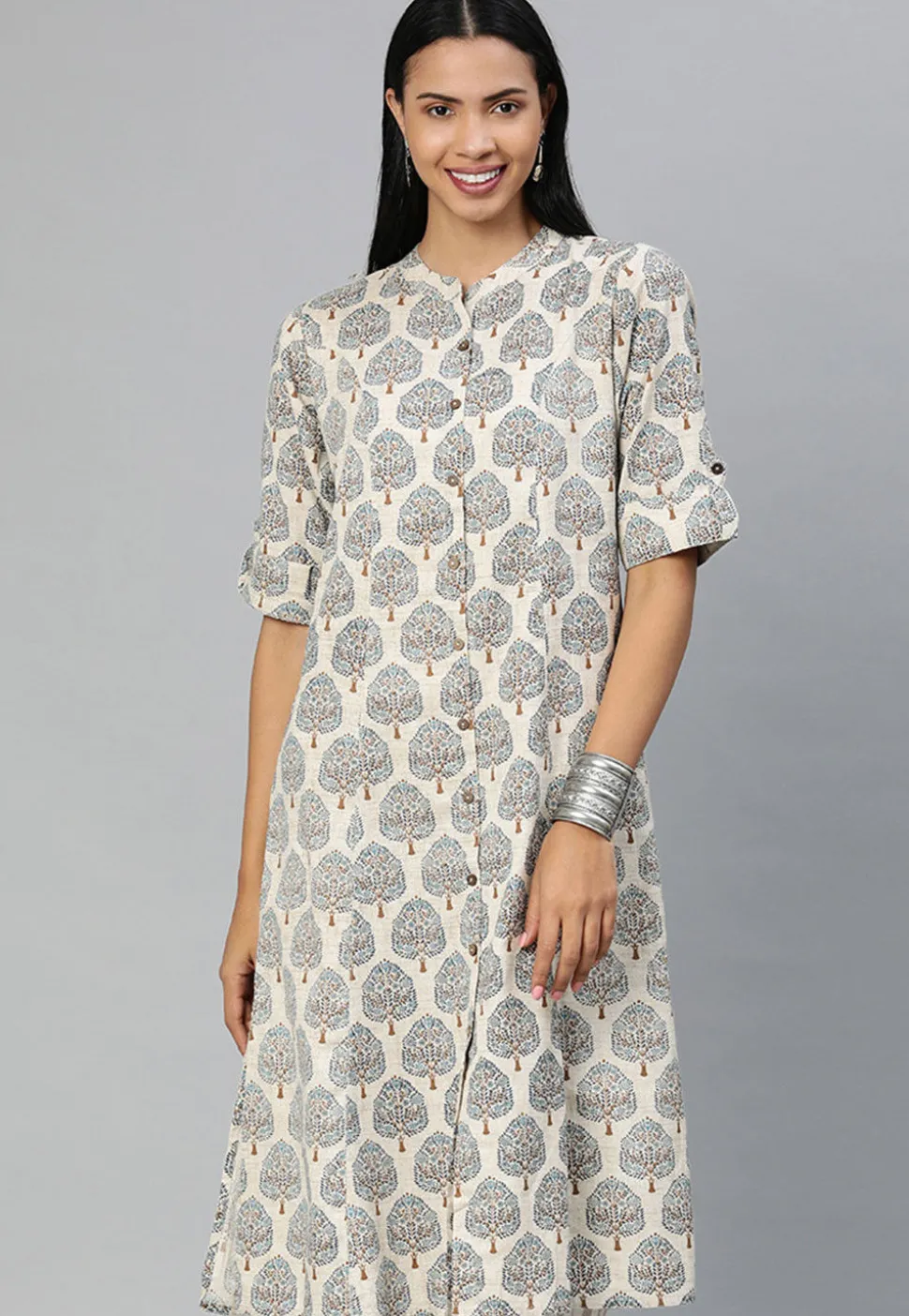 Printed Cotton Straight Kurta in Off White