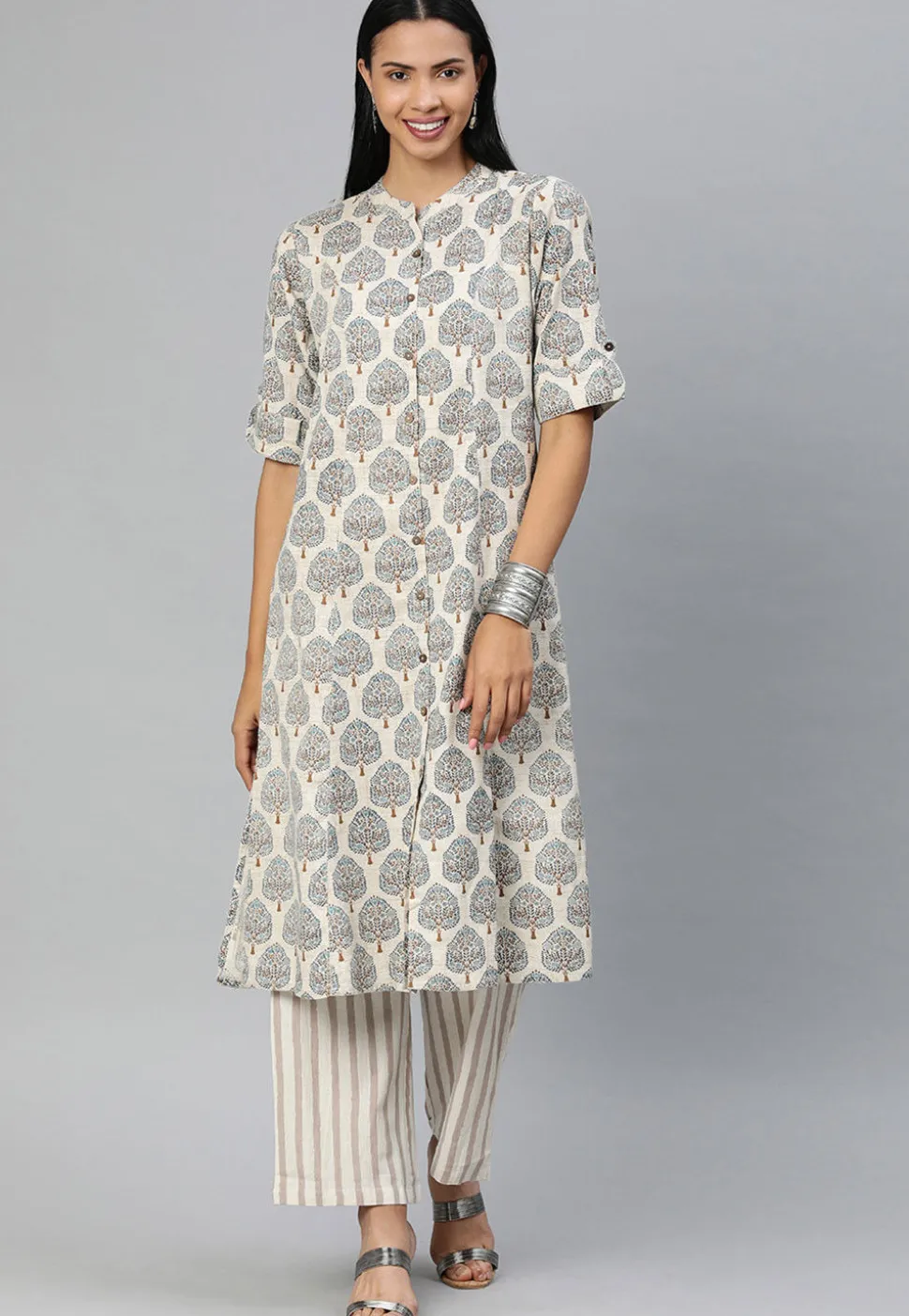 Printed Cotton Straight Kurta in Off White