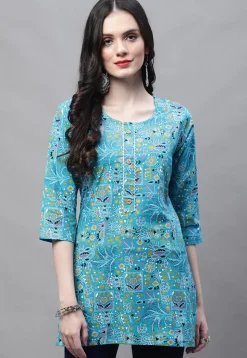 Printed Cotton Straight Kurti in Blue