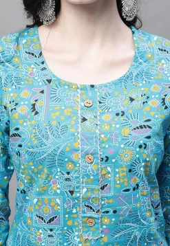 Printed Cotton Straight Kurti in Blue