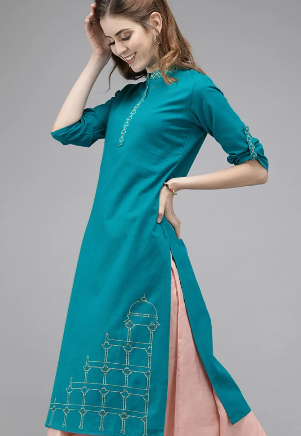 Printed Cotton Straight Kurta in Turquoise