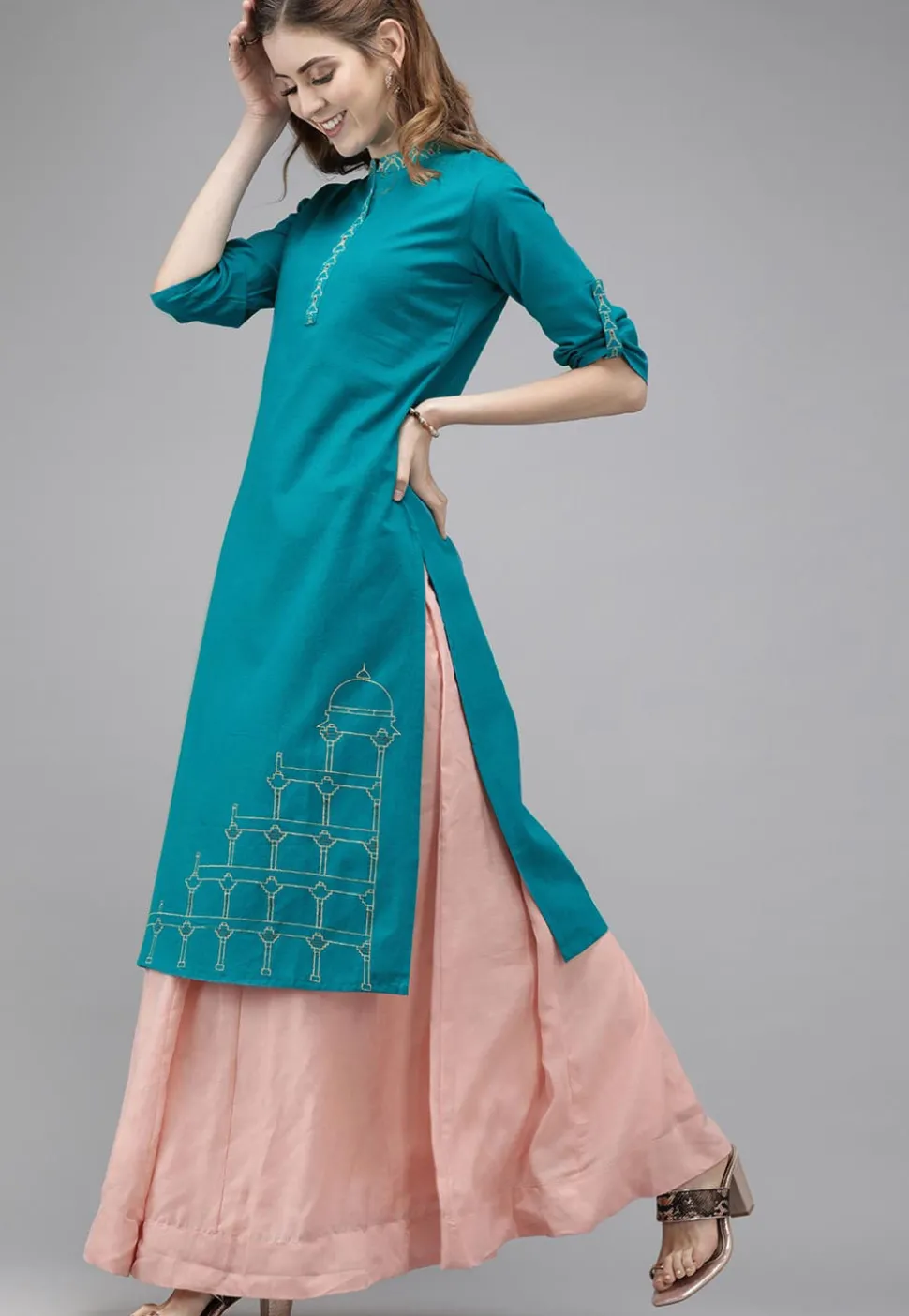 Printed Cotton Straight Kurta in Turquoise