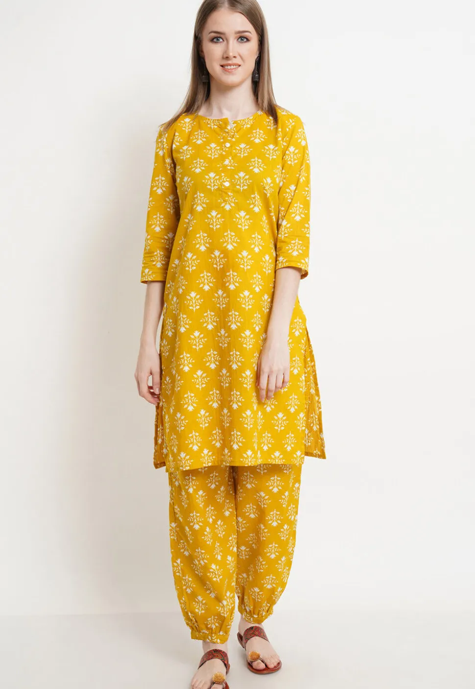 Printed Cotton Straight Kurta Salwar Set in Mustard